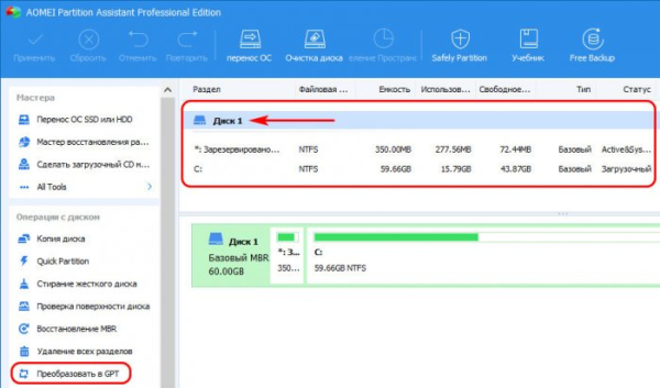  Как преобразовать диск из GPT в MBR и, наоборот, из MBR в GPT без потери данных и с сохранением работоспособности Windows программой AOMEI Partition Assistant Pro 